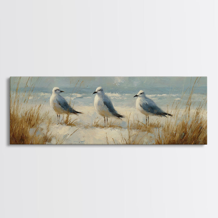 Seagulls Above a Pale Beach Horizon Canvas Print, Bird Art, Forest Wall Art, Living Room Decor, Flight, Minimalist Decor, BIR-3x1-36