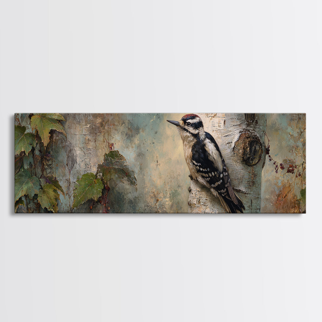 Woodpecker on Birch Bark Texture Framed Canvas Print, Bird Art, Modern Art, Living Room Decor, Watercolor Art, Flight, BIR-3x1-37