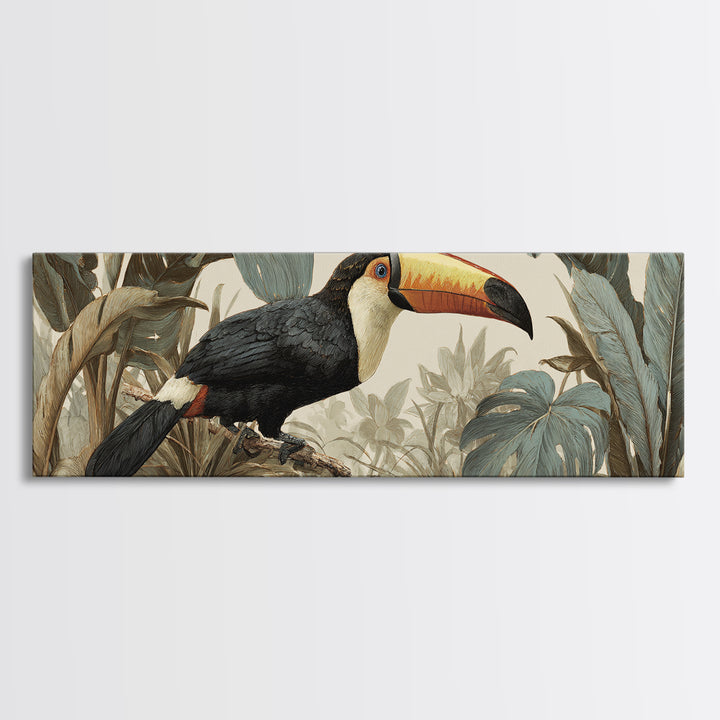 Toucan Framed by Bold Jungle Foliage Canvas Print, Bird Art, Fine Art Print, Living Room Decor, Fine Art, Flight, Wall Decor, BIR-3x1-39