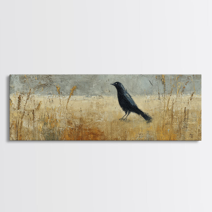 Blackbird on Gold Wheat Field Canvas Print, Bird Art, Gallery Decor, Living Room Decor, Fine Art, Flight, Contemporary Art, BIR-3x1-40