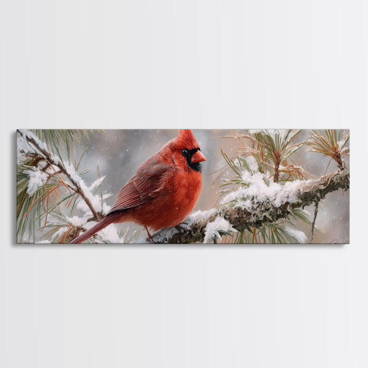 Red Cardinal on Snowy Pine Branch Canvas Print, Bird Art, Nature Prints, Living Room Decor, Fine Art, Flight, Boho Decor, BIR-3x1-41