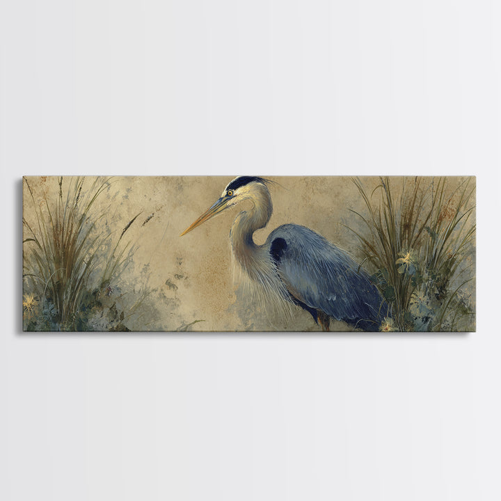 Blue Heron in Misty Marsh Grass Canvas Print, Bird Art, Boho Wall Decor, Living Room Decor, Fine Art, Flight, Nature Wall Art, BIR-3x1-42