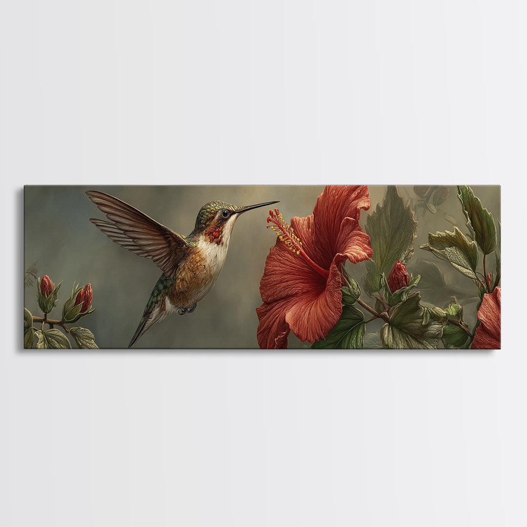 Hummingbird Hovering Beside Bright Hibiscus Framed Canvas Print, Bird Art, Neutral Decor, Living Room Decor, Fine Art, Flight, BIR-3x1-44