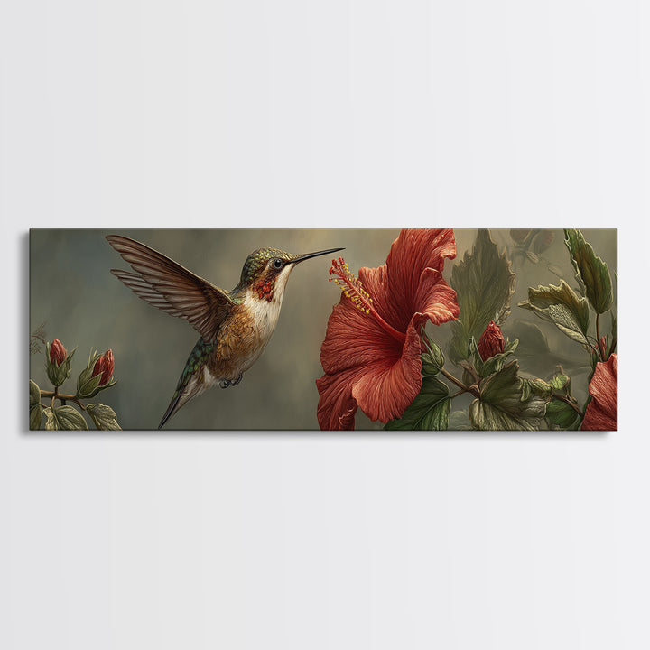 Hummingbird Hovering Beside Bright Hibiscus Framed Canvas Print, Bird Art, Neutral Decor, Living Room Decor, Fine Art, Flight, BIR-3x1-44