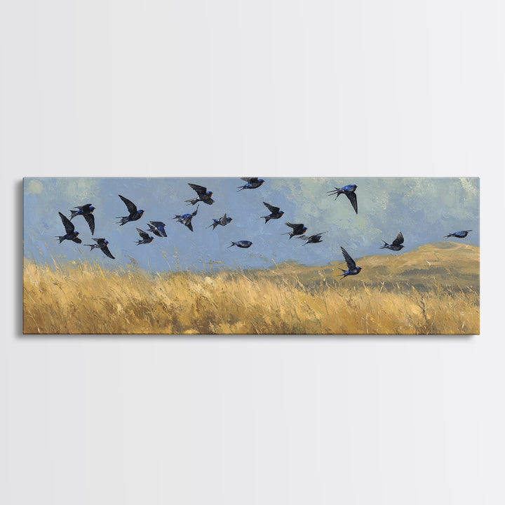 Flock of Swallows Sweeping Across Open Sky Canvas Print, Bird Art, Living Room Decor, Fine Art, Flight, Rustic Home Decor, BIR-3x1-46