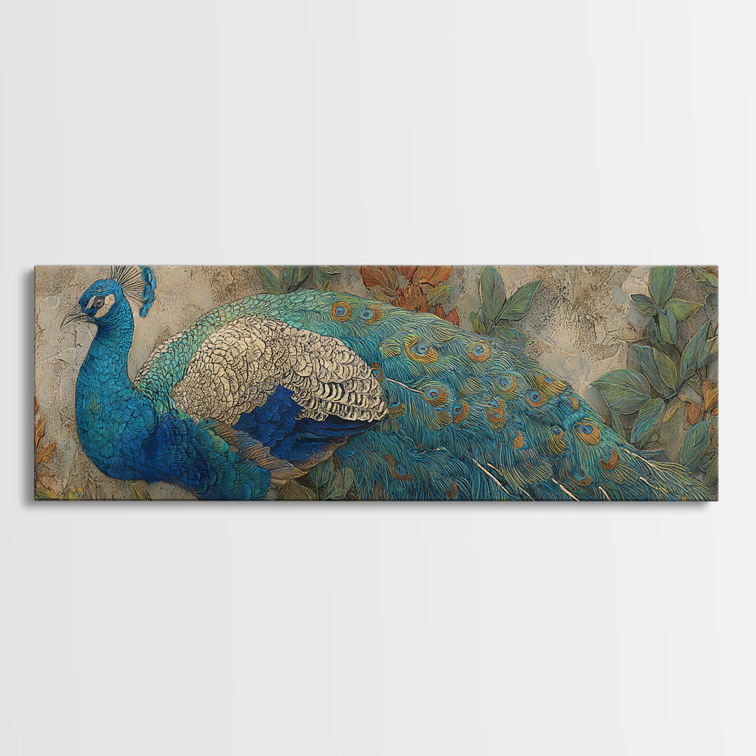 Peacock with Jewel Tone Feather Pattern Framed Canvas Print, Bird Art, Digital Prints, Living Room Decor, Oil Painting, Flight, BIR-3x1-47
