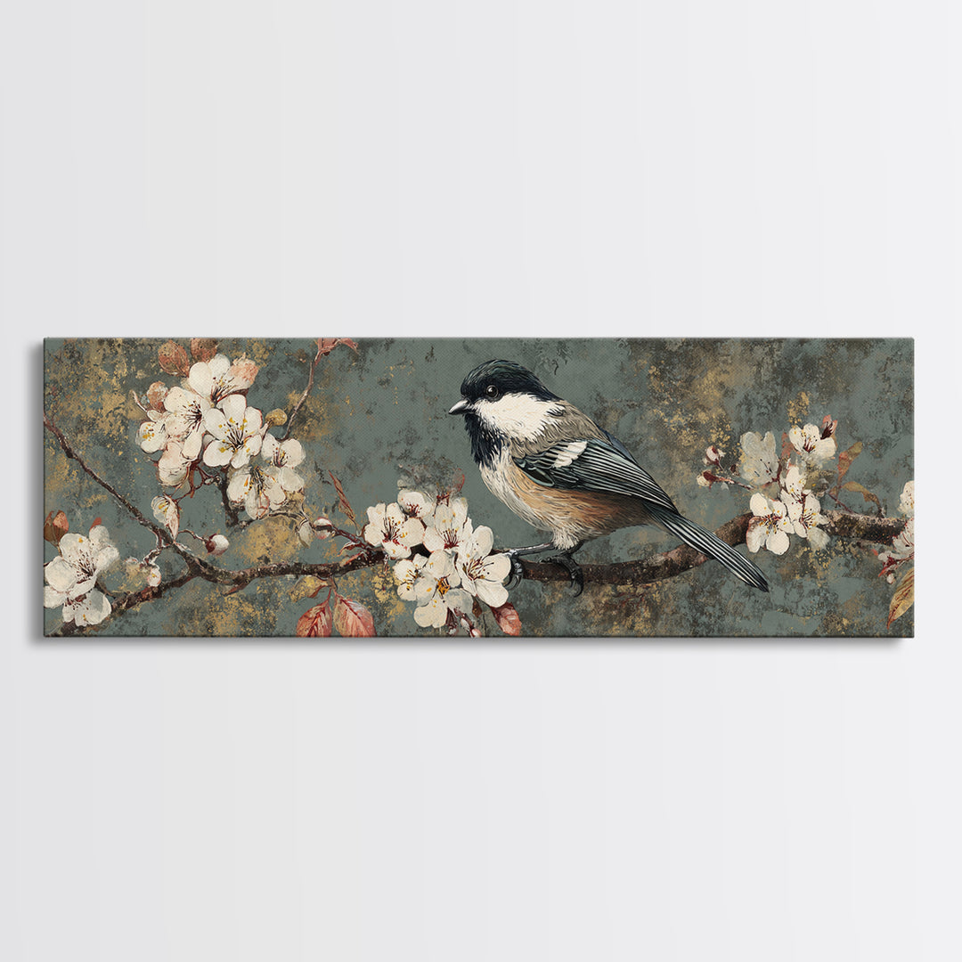 Songbird Perched on Cherry Blossoms Canvas Print, Bird Art, Art Print, Living Room Decor, Fine Art, Flight, Original Art, BIR-3x1-48