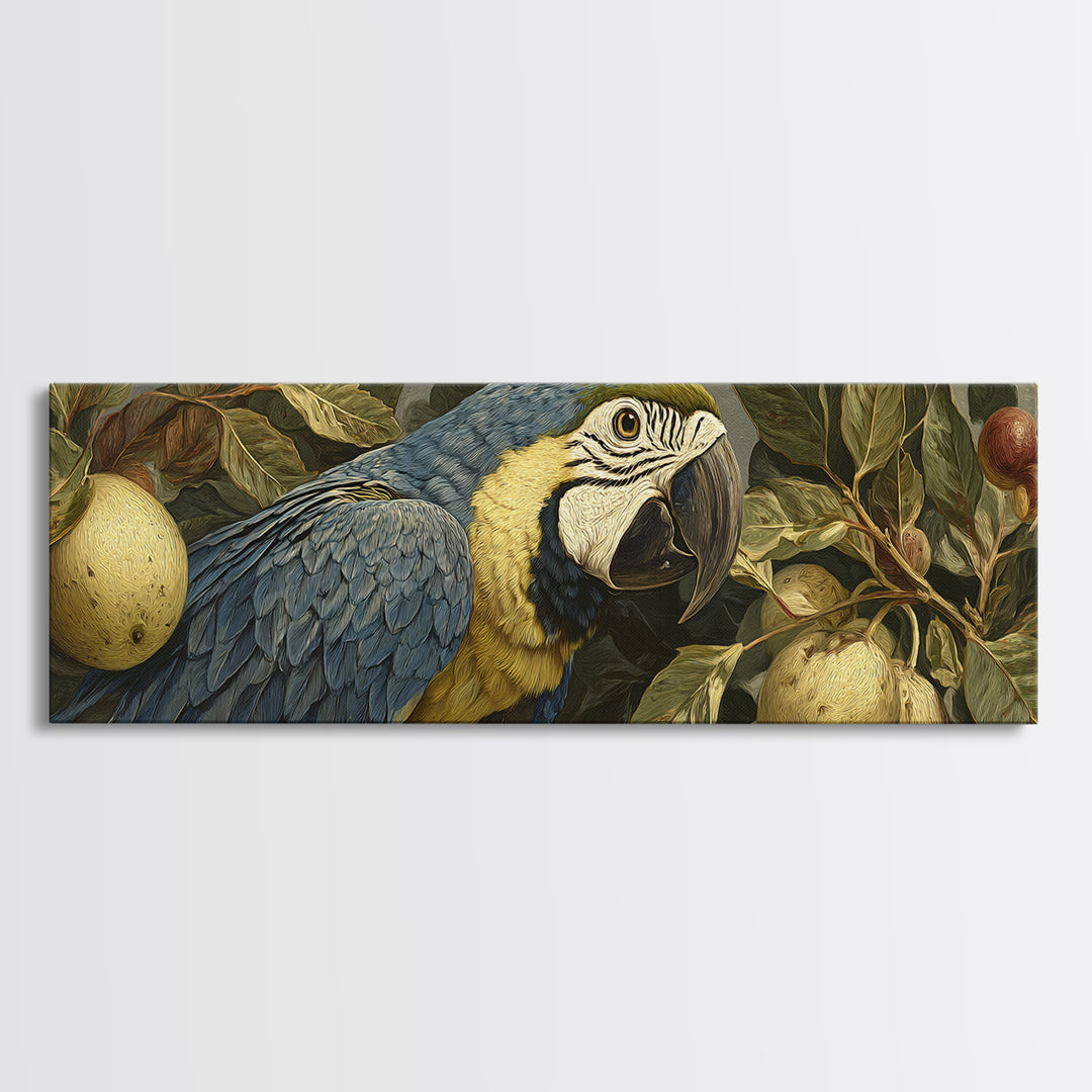 Parrot Among Tropical Leaves and Fruit Framed Canvas Print, Bird Art, Printable Art, Living Room Decor, Watercolor Art, Flight, BIR-3x1-5