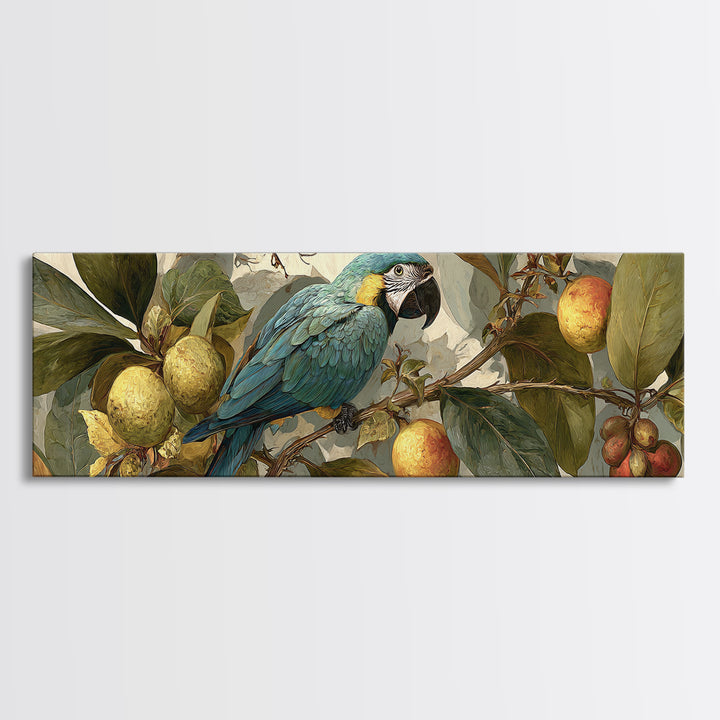 Parrot Among Tropical Leaves and Fruit Framed Canvas Print, Bird Art, Bird Prints, Living Room Decor, Fine Art, Flight, BIR-3x1-53