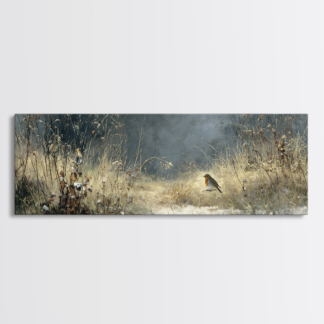 Robin in a Spring Garden with Soft Framed Canvas Print, Bird Art, Contemporary Art, Living Room Decor, Oil Painting, Flight, BIR-3x1-55