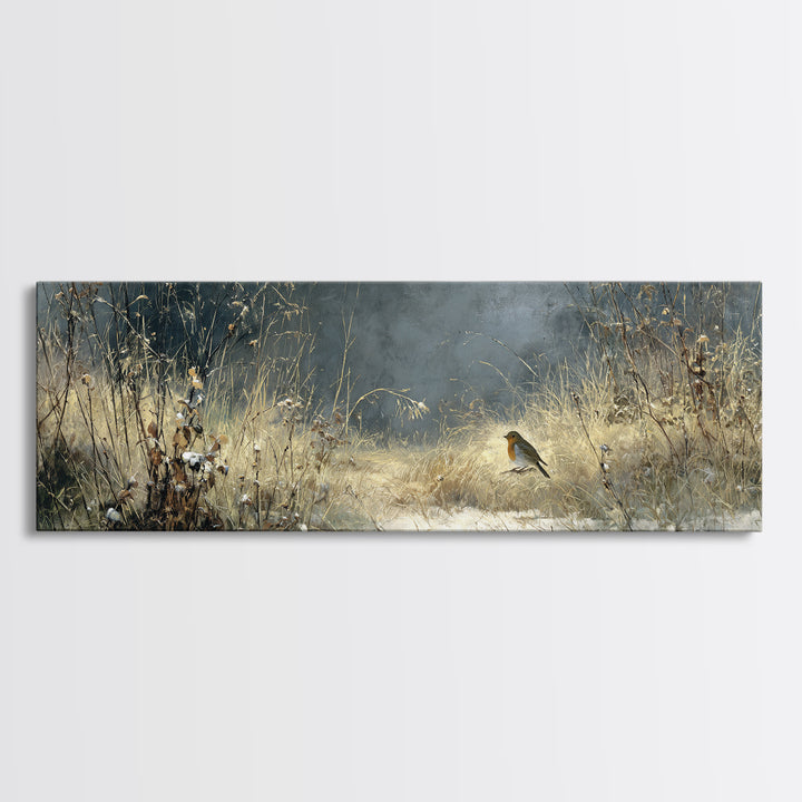 Robin in a Spring Garden with Soft Framed Canvas Print, Bird Art, Contemporary Art, Living Room Decor, Oil Painting, Flight, BIR-3x1-55