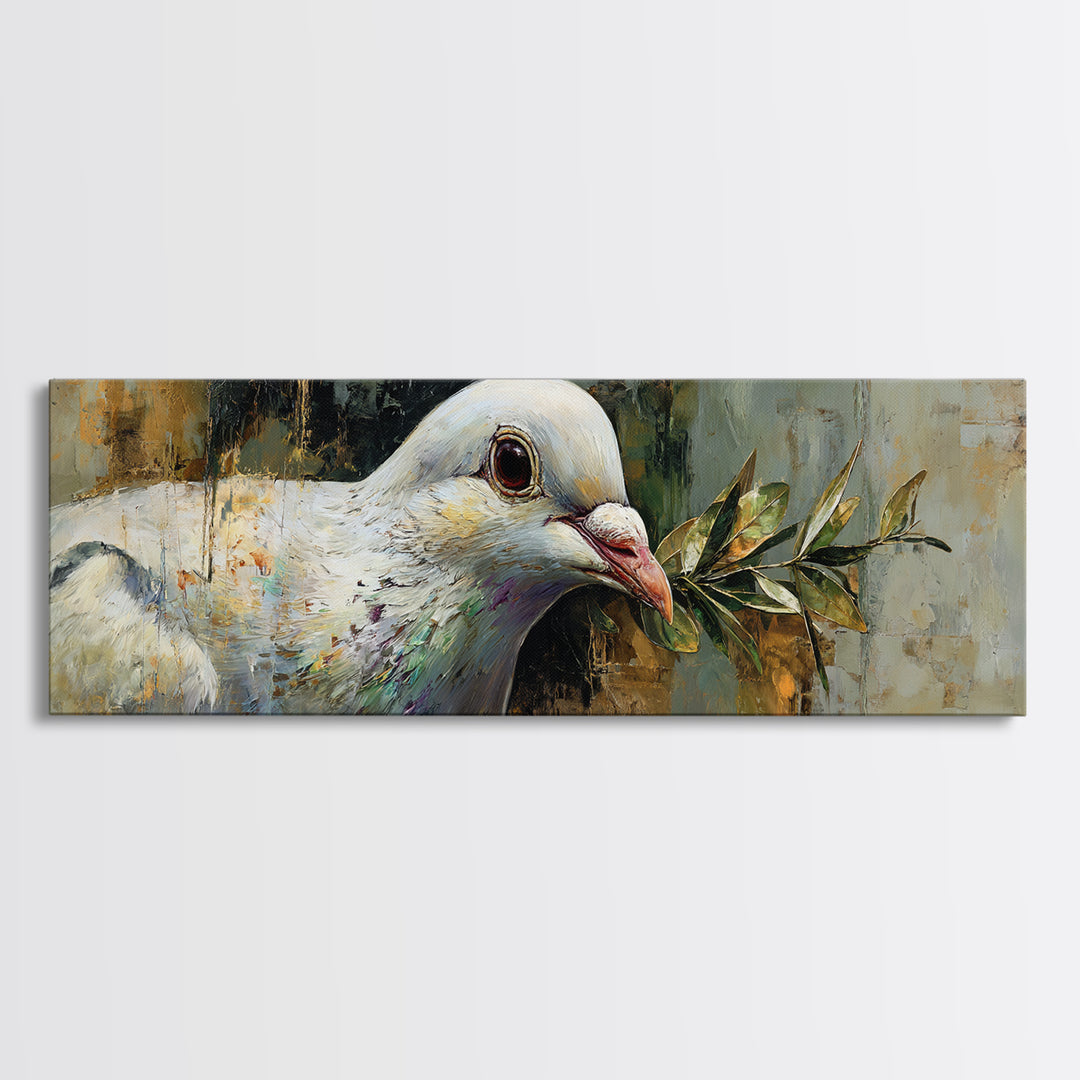 White Dove with Olive Branch and Calm Framed Canvas Print, Bird Art, Textured Painting, Living Room Decor, Oil Painting, Flight, BIR-3x1-56
