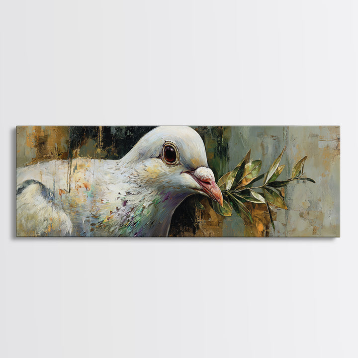 White Dove with Olive Branch and Calm Framed Canvas Print, Bird Art, Textured Painting, Living Room Decor, Oil Painting, Flight, BIR-3x1-56