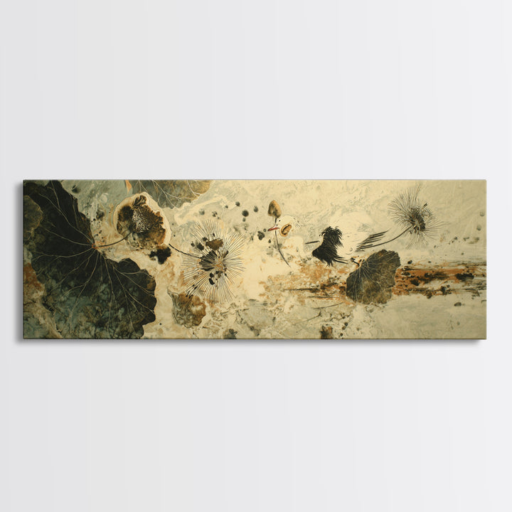 Crane and Lotus Composition Framed Canvas Print, Bird Art, Mid Century Wall Art, Living Room Decor, Fine Art, Flight, BIR-3x1-57