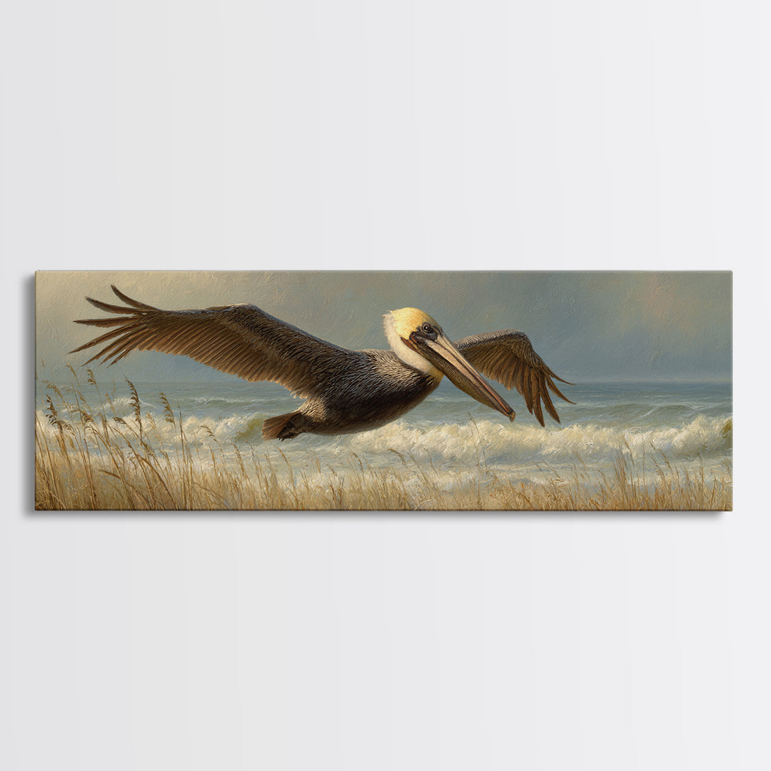 Pelican Flying over Coastal Waves Framed Canvas Print, Bird Art, Japanese Wall Art, Living Room Decor, Fine Art, Flight, BIR-3x1-58