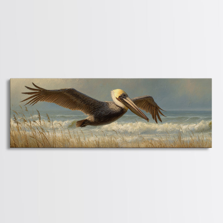 Pelican Flying over Coastal Waves Framed Canvas Print, Bird Art, Japanese Wall Art, Living Room Decor, Fine Art, Flight, BIR-3x1-58