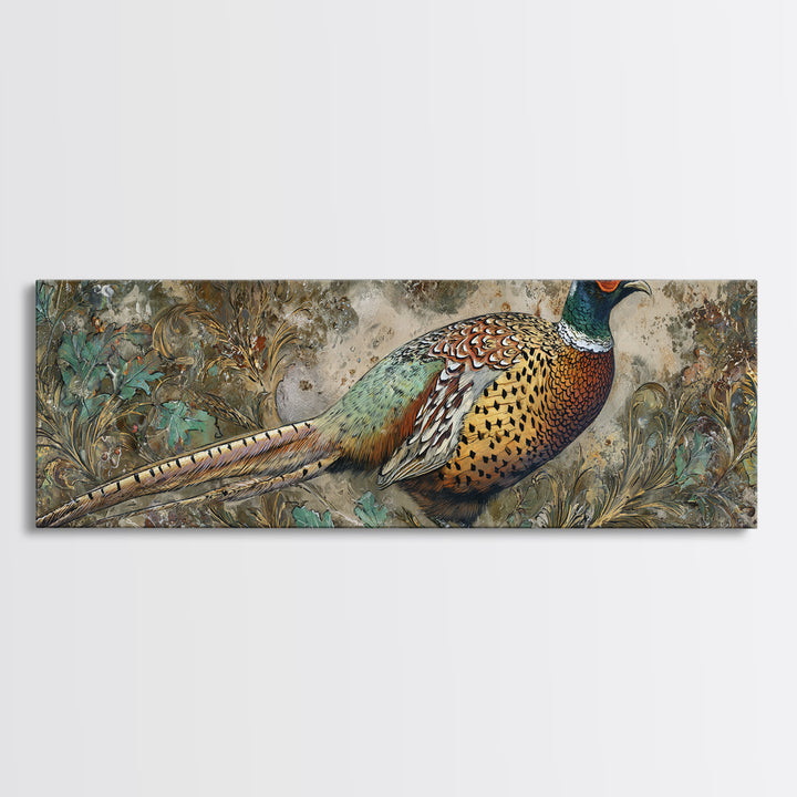 Pheasant with Ornate Feather Details Framed Canvas Print, Bird Art, Wall Art, Living Room Decor, Flight, Japanese Wall Art, BIR-3x1-59