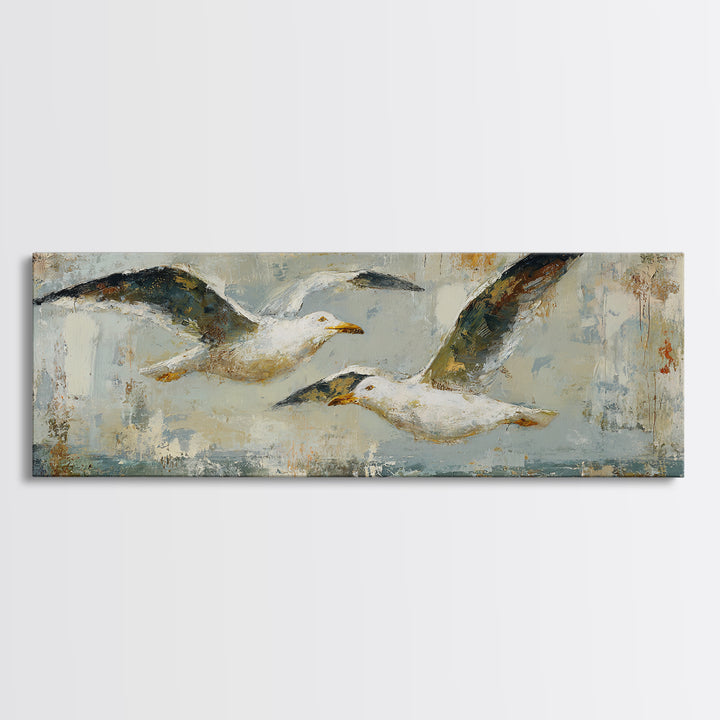 Seagulls Above a Pale Beach Horizon Framed Canvas Print, Bird Art, Boho Decor, Living Room Decor, Oil Painting, Flight, BIR-3x1-60