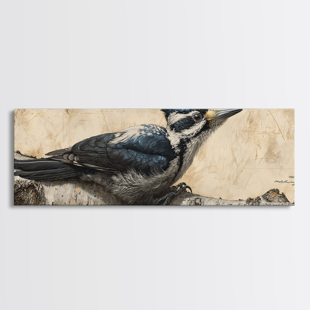Woodpecker on Birch Bark Texture Canvas Print, Bird Art, Digital Download Art, Living Room Decor, Oil Painting, Flight, BIR-3x1-61