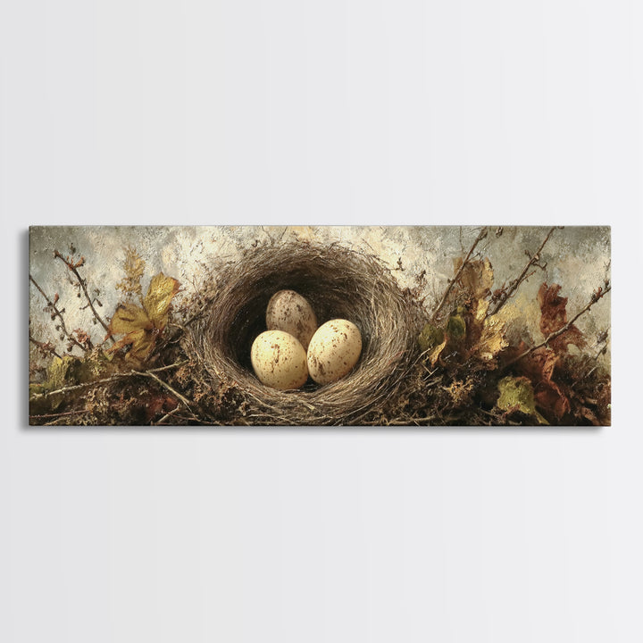 Bird Nest with Eggs and Delicate Twigs Canvas Print, Bird Art, Gallery Decor, Living Room Decor, Oil Painting, Flight, BIR-3x1-62