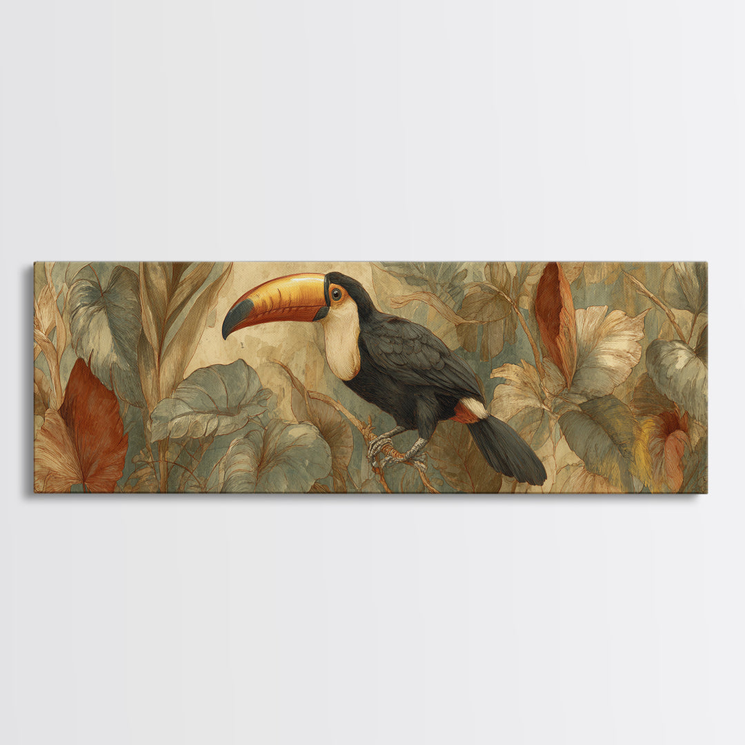 Toucan Framed by Bold Jungle Foliage Framed Canvas Print, Bird Art, Room Decor, Living Room Decor, Fine Art, Flight, BIR-3x1-63
