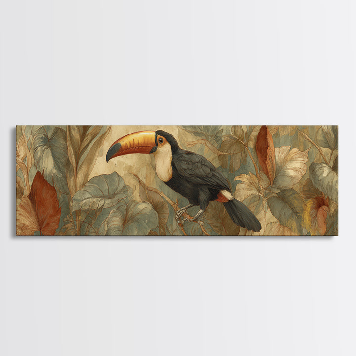 Toucan Framed by Bold Jungle Foliage Framed Canvas Print, Bird Art, Room Decor, Living Room Decor, Fine Art, Flight, BIR-3x1-63