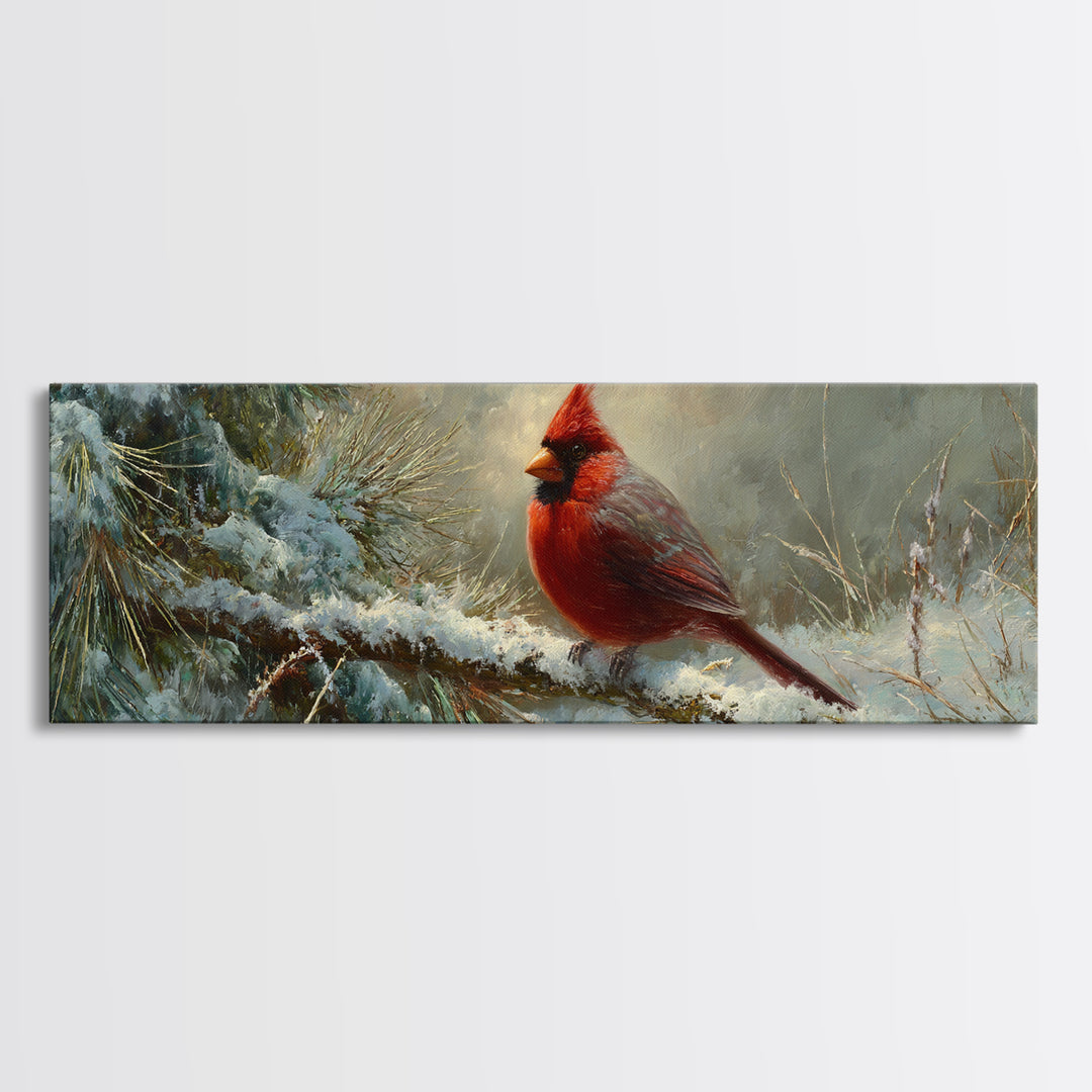 Red Cardinal on Snowy Pine Branch Canvas Print, Bird Art, Nature Prints, Living Room Decor, Fine Art, Flight, Boho Decor, BIR-3x1-65