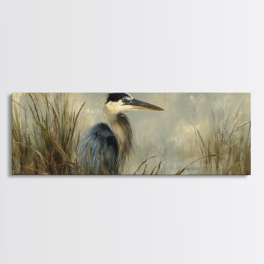Blue Heron in Misty Marsh Grass Canvas Print, Bird Art, Boho Wall Decor, Living Room Decor, Fine Art, Flight, Nature Wall Art, BIR-3x1-66