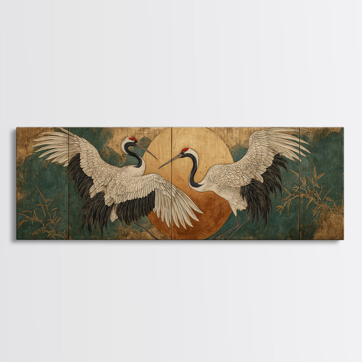Pair of Cranes Dancing Framed Canvas Print, Bird Art, Digital Print, Living Room Decor, Abstract Art, Flight, Bird Prints, BIR-3x1-67