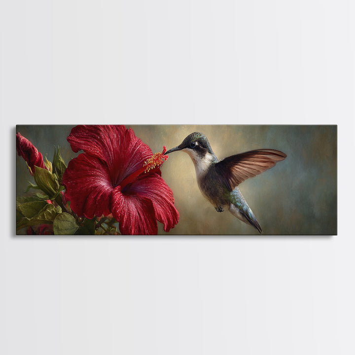 Hummingbird Hovering Beside Bright Hibiscus Framed Canvas Print, Bird Art, Living Room Decor, Watercolor Art, Flight, BIR-3x1-68