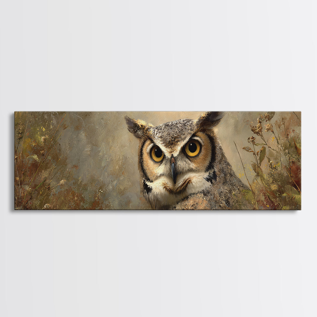 Owl Portrait with Wise Golden Eyes Framed Canvas Print, Bird Art, Living Room Art, Living Room Decor, Fine Art, Flight, BIR-3x1-69