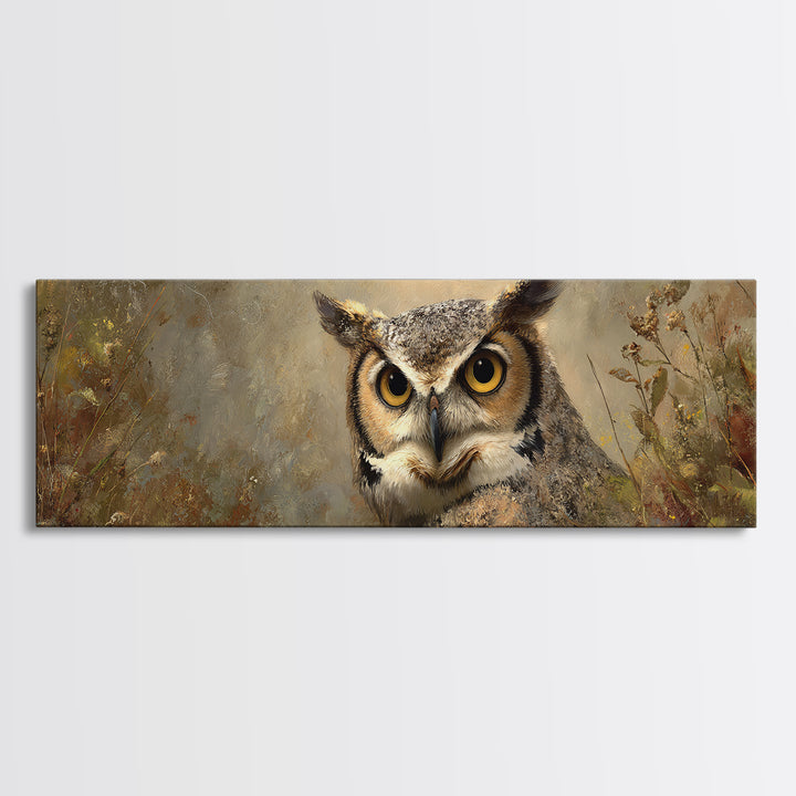 Owl Portrait with Wise Golden Eyes Framed Canvas Print, Bird Art, Living Room Art, Living Room Decor, Fine Art, Flight, BIR-3x1-69