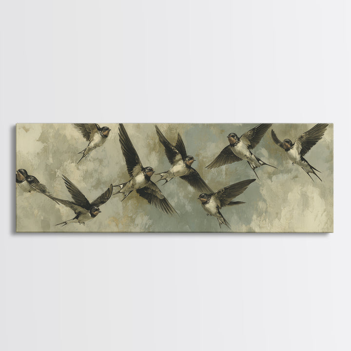Flock of Swallows Sweeping Across Open Sky Canvas Print, Bird Art, Art Print, Living Room Decor, Oil Painting, Flight, BIR-3x1-70