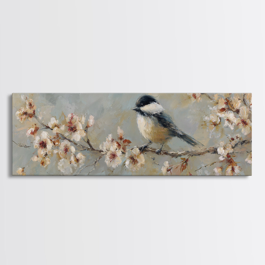 Songbird Perched on Cherry Blossoms Framed Canvas Print, Bird Art, Wall Art, Living Room Decor, Flight, Japanese Wall Art, BIR-3x1-72
