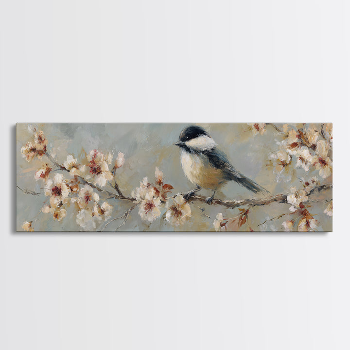 Songbird Perched on Cherry Blossoms Framed Canvas Print, Bird Art, Wall Art, Living Room Decor, Flight, Japanese Wall Art, BIR-3x1-72