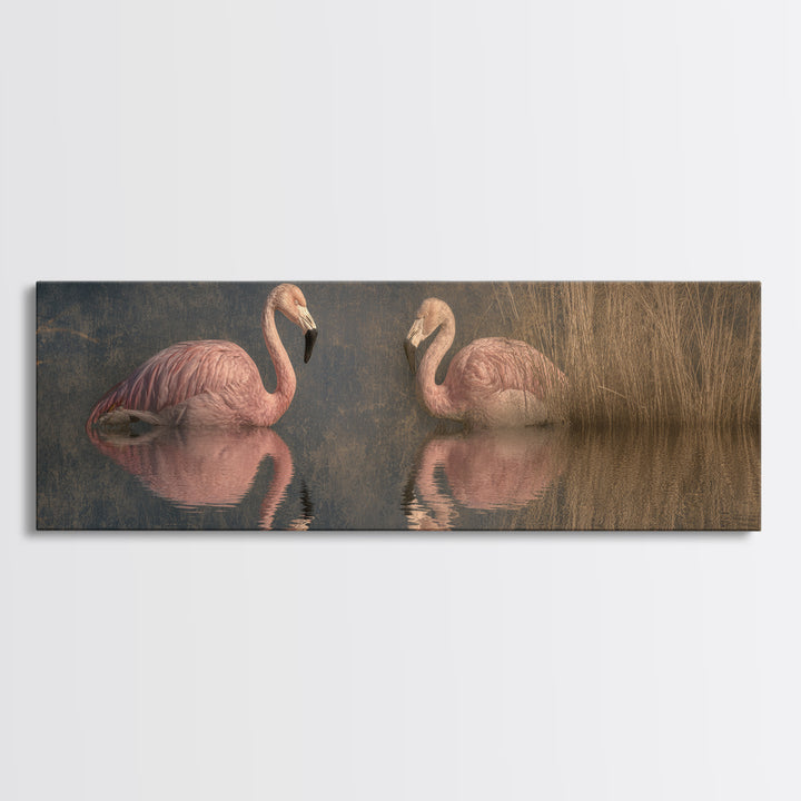 Flamingo Pair in Coral Water Reflections Framed Canvas Print, Bird Art, Modern Art, Living Room Decor, Oil Painting, Flight, BIR-3x1-74