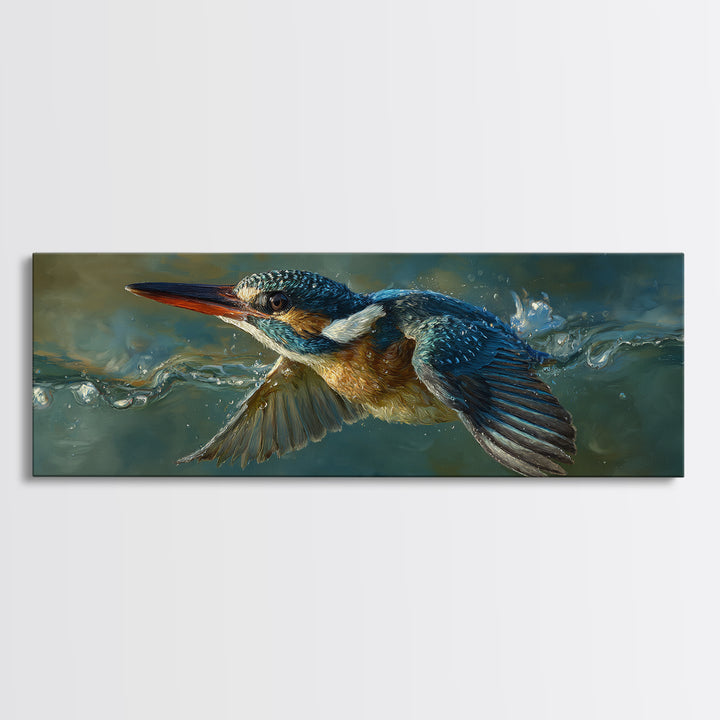 Kingfisher Diving Toward Blue Water Canvas Print, Bird Art, Farmhouse Decor, Living Room Decor, Flight, Digital Download Art, BIR-3x1-75