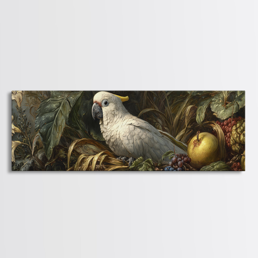 Parrot Among Tropical Leaves and Fruit Framed Canvas Print, Bird Art, Bird Prints, Living Room Decor, Fine Art, Flight, BIR-3x1-77