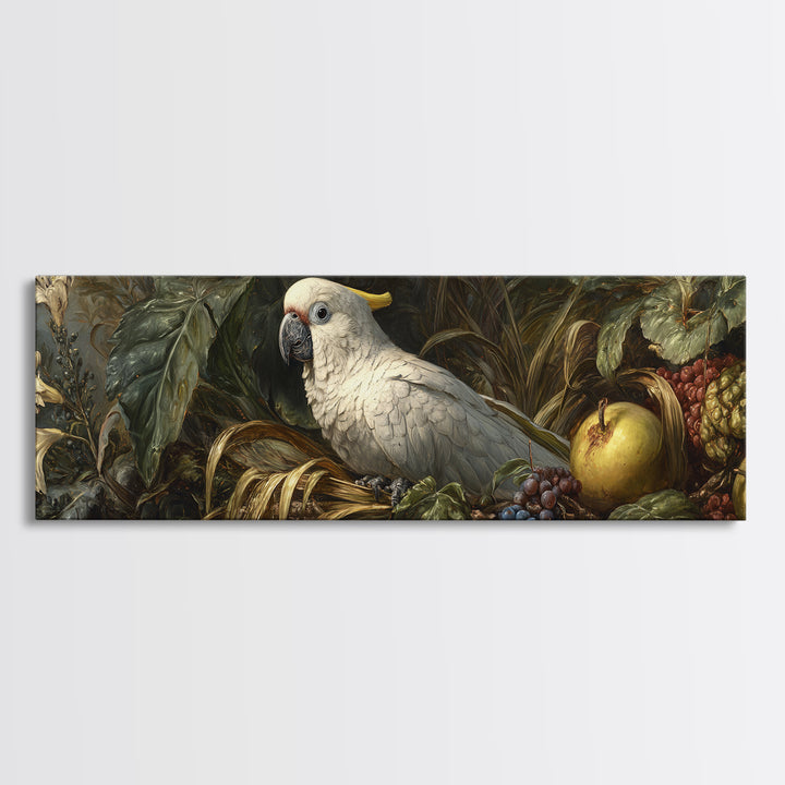 Parrot Among Tropical Leaves and Fruit Framed Canvas Print, Bird Art, Bird Prints, Living Room Decor, Fine Art, Flight, BIR-3x1-77