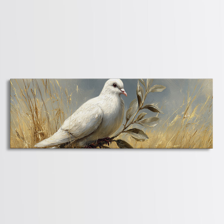 White Dove with Olive Branch and Calm Canvas Print, Bird Art, Nature Prints, Living Room Decor, Watercolor Art, Flight, BIR-3x1-8
