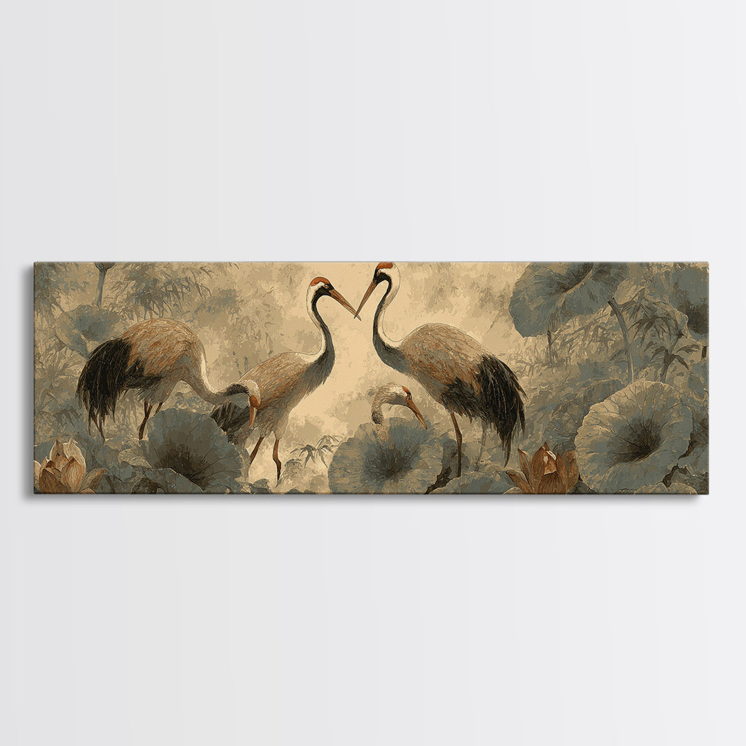 Crane and Lotus Composition Framed Canvas Print, Bird Art, Mid Century Wall Art, Living Room Decor, Fine Art, Flight, BIR-3x1-81