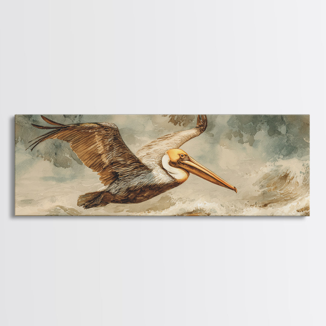 Pelican Flying over Coastal Waves Framed Canvas Print, Bird Art, Japanese Wall Art, Living Room Decor, Fine Art, Flight, BIR-3x1-82