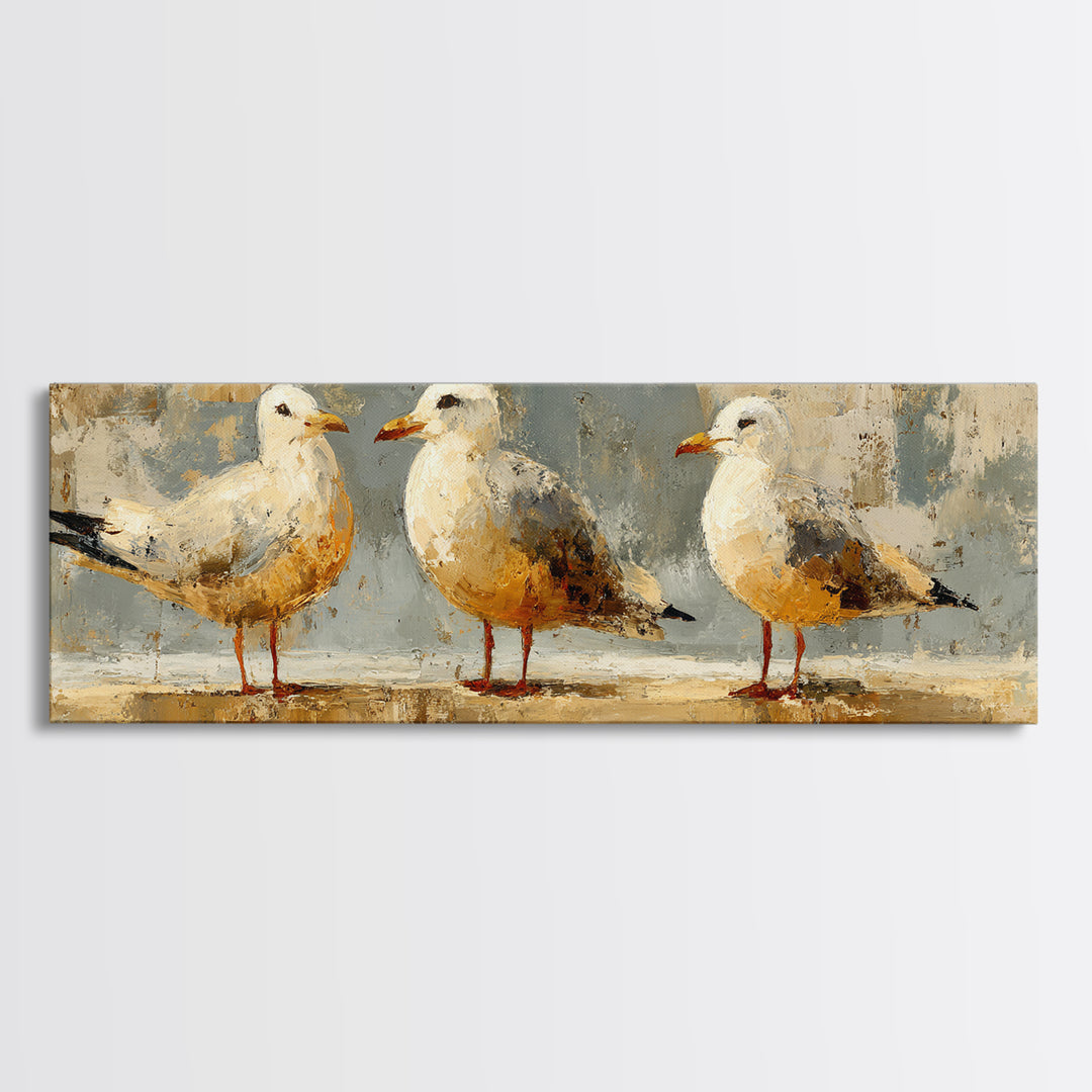 Seagulls Above a Pale Beach Horizon Framed Canvas Print, Bird Art, Digital Prints, Living Room Decor, Fine Art, Flight, BIR-3x1-84