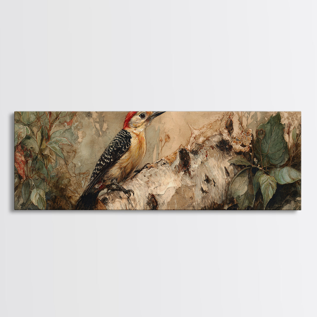 Woodpecker on Birch Bark Texture Canvas Print, Bird Art, Digital Download Art, Living Room Decor, Oil Painting, Flight, BIR-3x1-85