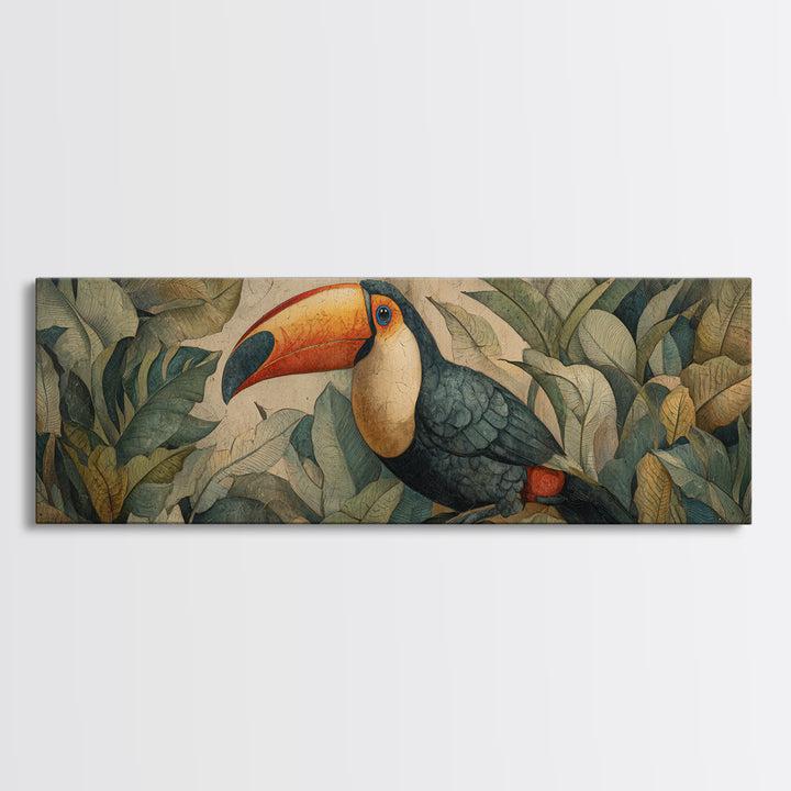 Toucan Framed by Bold Jungle Foliage Framed Canvas Print, Bird Art, Original Art, Living Room Decor, Fine Art, Flight, BIR-3x1-87