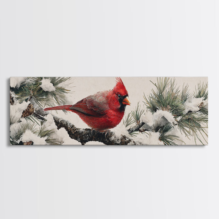 Red Cardinal on Snowy Pine Branch Framed Canvas Print, Bird Art, Floral Art, Living Room Decor, Fine Art, Flight, BIR-3x1-89