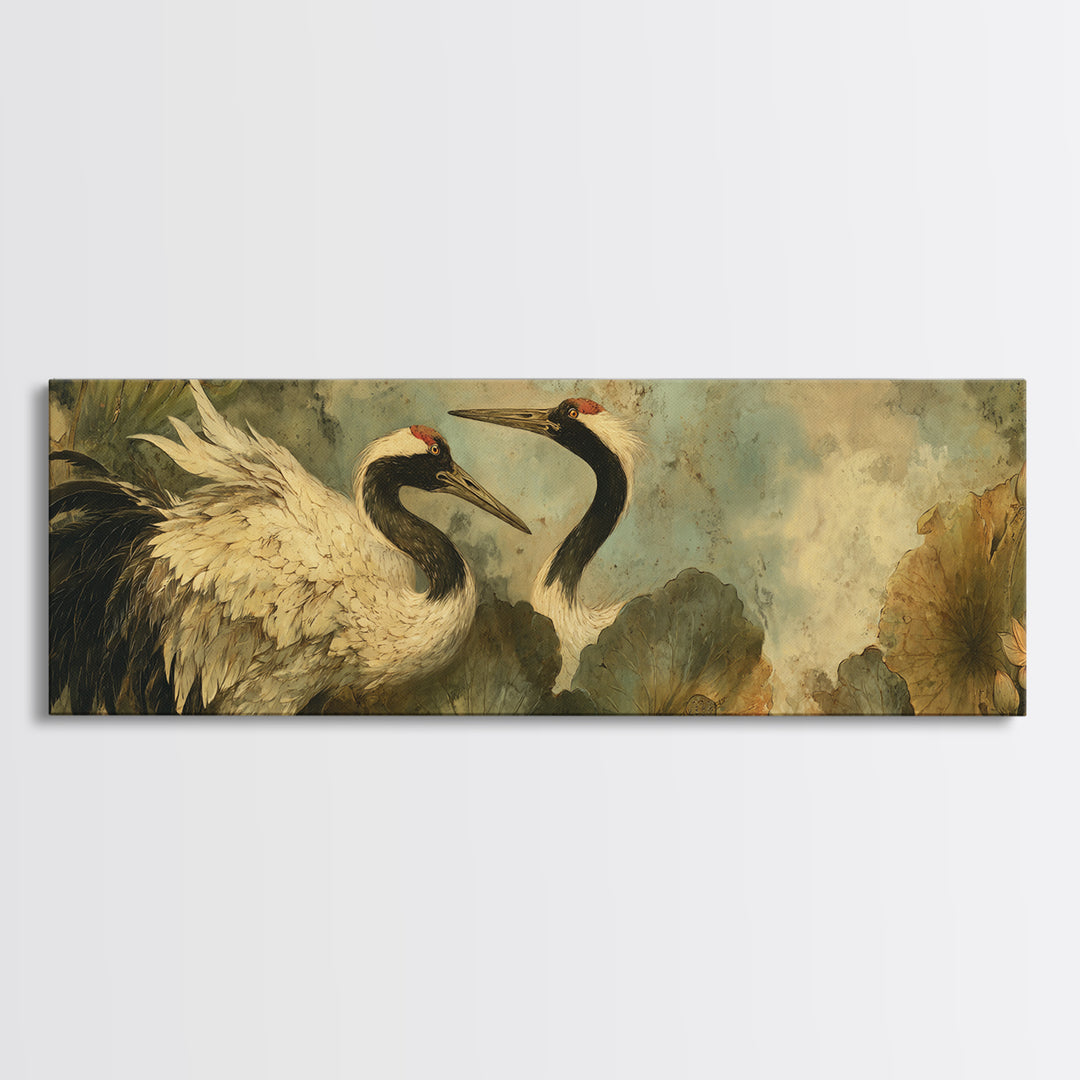 Crane and Lotus Composition Framed Canvas Print, Bird Art, Farmhouse Decor, Living Room Decor, Flight, Digital Download Art, BIR-3x1-9
