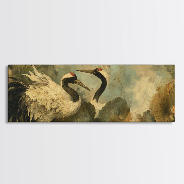 Crane and Lotus Composition Framed Canvas Print, Bird Art, Farmhouse Decor, Living Room Decor, Flight, Digital Download Art, BIR-3x1-9