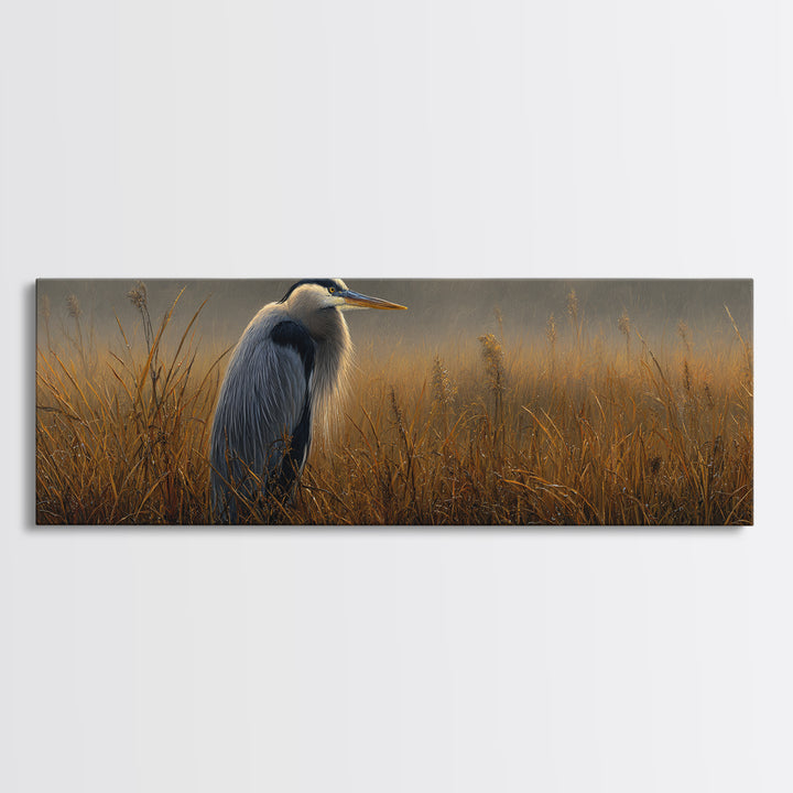 Blue Heron in Misty Marsh Grass Framed Canvas Print, Bird Art, Bird Prints, Living Room Decor, Fine Art, Flight, Modern Decor, BIR-3x1-90