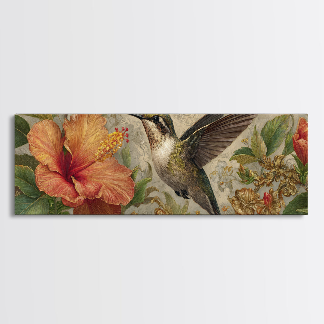 Hummingbird Hovering Beside Bright Hibiscus Canvas Print, Bird Art, Mid Century Modern, Living Room Decor, Oil Painting, Flight, BIR-3x1-92